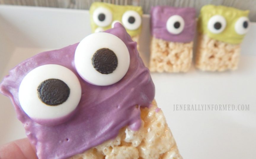 Halloween at Home! Whip up a batch of these adorable Monster Rice Krispie Treats. Perfect for all your ghouls and goblins!