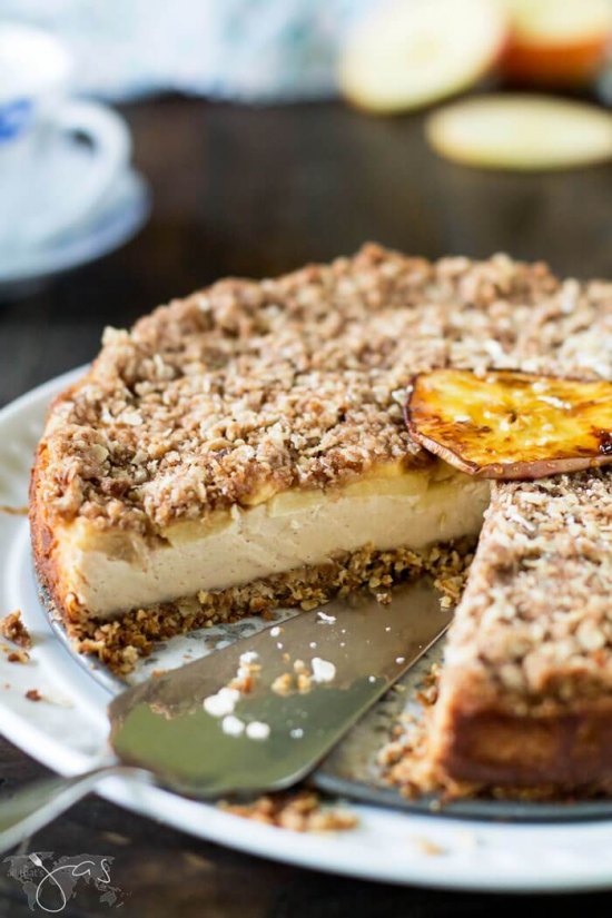 Bavarian Apple Oatmeal Streusel Cheesecake from All That Jas.