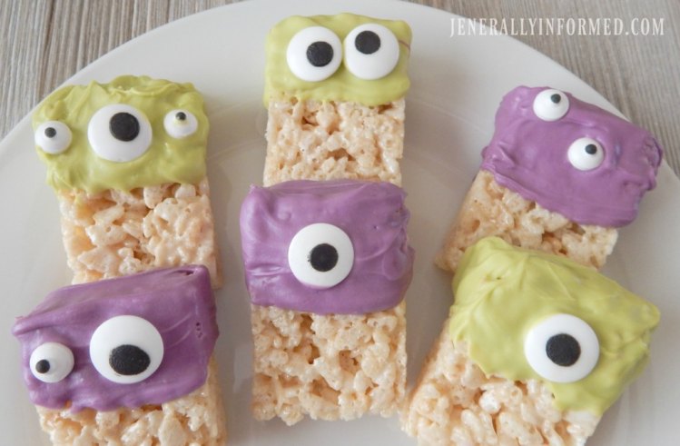 Halloween at Home! Whip up a batch of these adorable Monster Rice Krispie Treats. Perfect for all your ghouls and goblins!