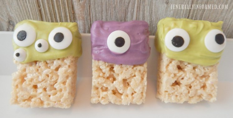 Halloween at Home! Whip up a batch of these adorable Monster Rice Krispie Treats. Perfect for all your ghouls and goblins!