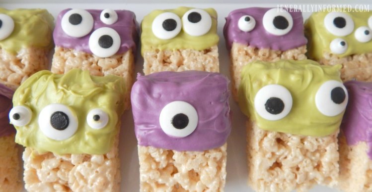 Halloween at Home! Whip up a batch of these adorable Monster Rice Krispie Treats. Perfect for all your ghouls and goblins!