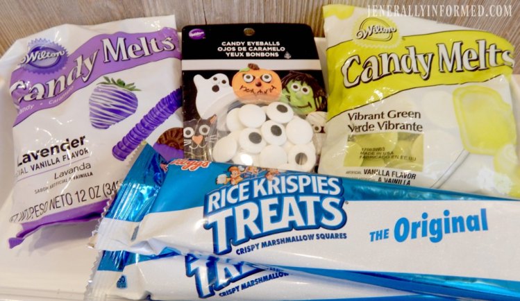 Halloween at Home! Whip up a batch of these adorable Monster Rice Krispie Treats. Perfect for all your ghouls and goblins!