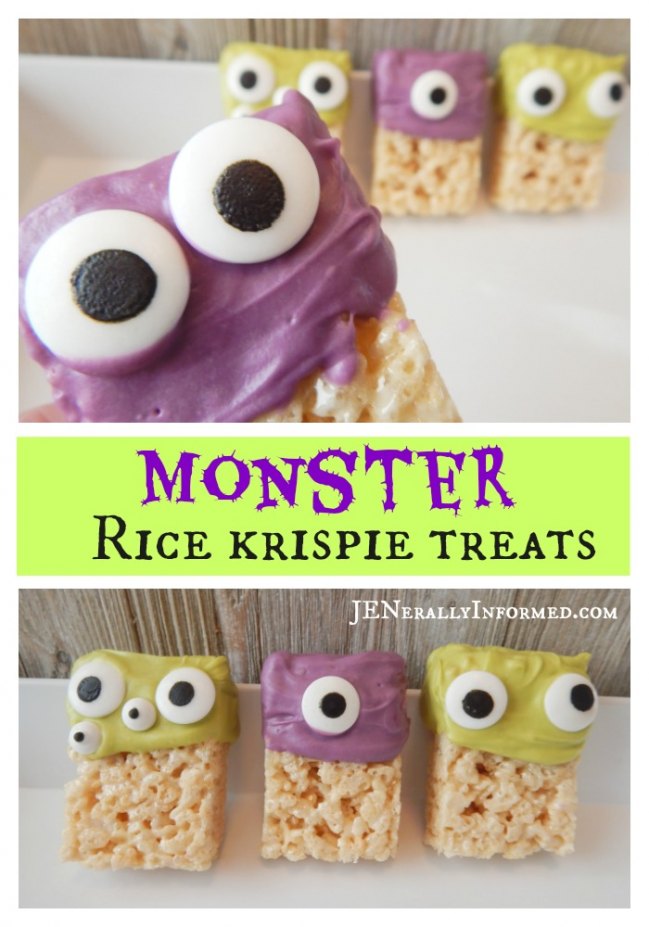 Halloween at Home! Whip up a batch of these adorable Monster Rice Krispie Treats. Perfect for all your ghouls and goblins!