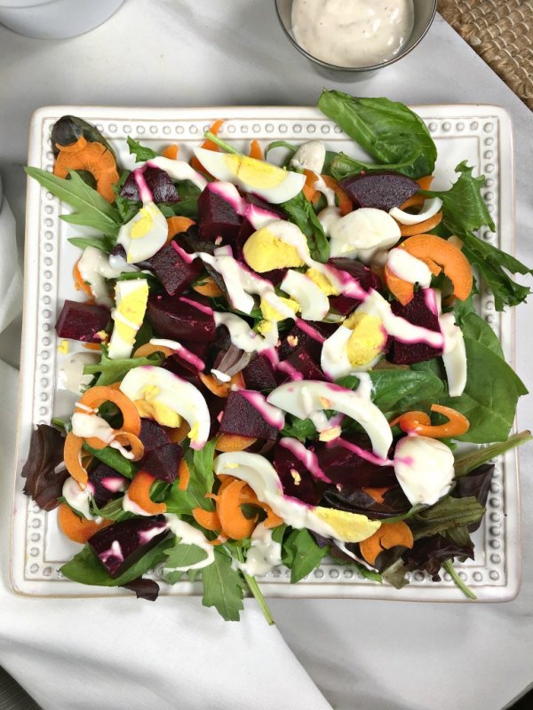 Spinach Beet Salad with Creamy Blue Cheese Dressing From Looney For Food.