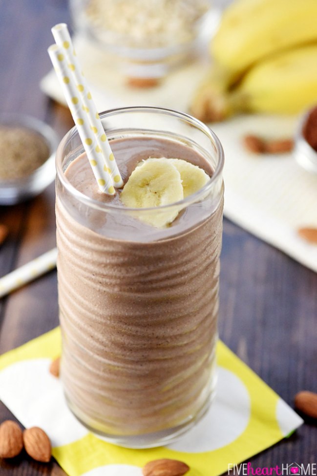 Healthy Chocolate Almond Banana Smoothie From Five Heart Home.