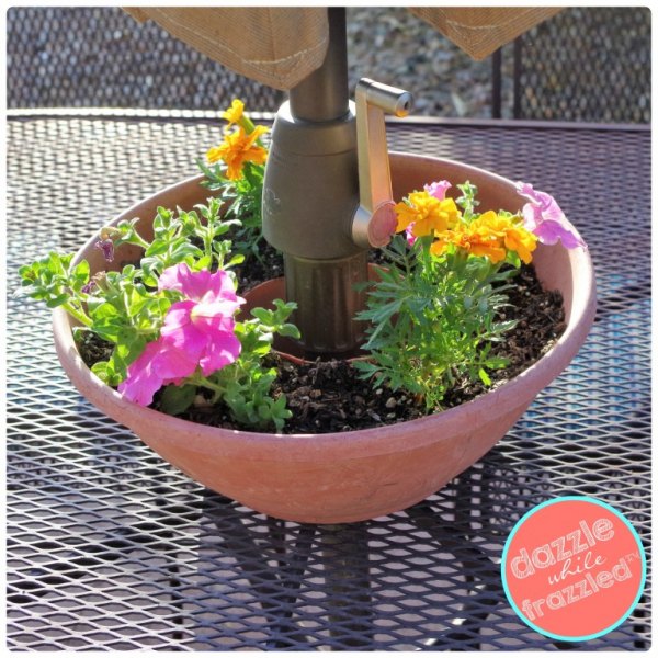 Easy DIY Umbrella Table Flower Planter from Dazzle While Frazzled.