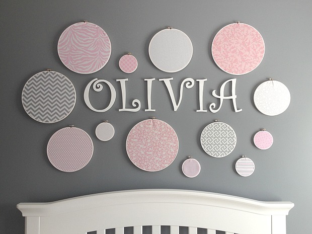 DIY Personalized Embroidery Hoop & Fabric Polka Dot Wall from Lindsay's Sweet World.