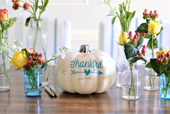 Easy Thanksgiving Centerpiece Idea {Interactive “Thankful” Pumpkin} from Burlap + Blue.