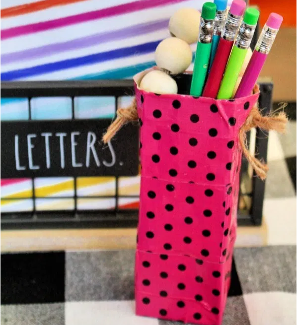 Upcycled Washi Tape Pencil Holder Easy Kids Craft Using Juicy Juice Boxes from This Mom's Confessions.