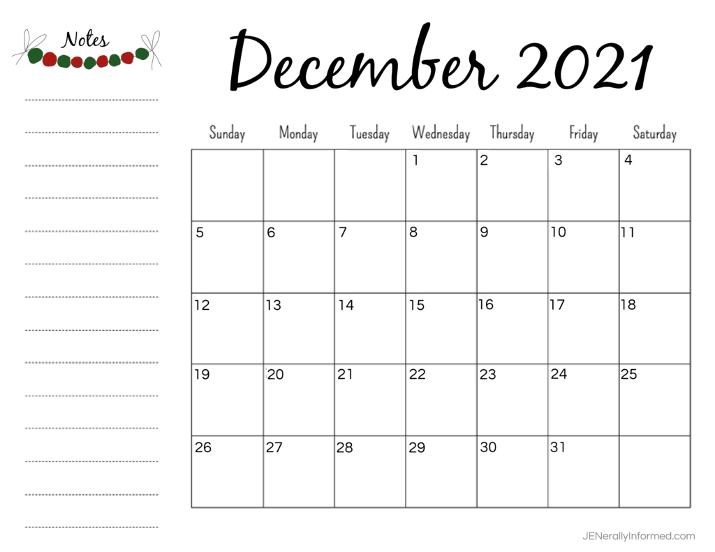 Free December #printable #2021 calendar with space for notes!