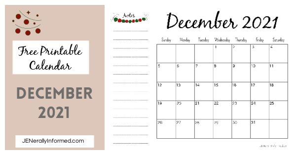 Free December #printable #2021 calendar with space for notes!