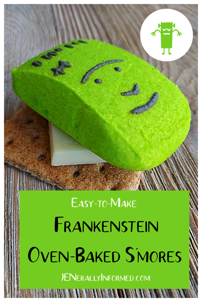 Halloween-inspired treats in less than 5 minutes! Easy to make Frankenstein Oven-Baked Halloween S'mores! #Halloween