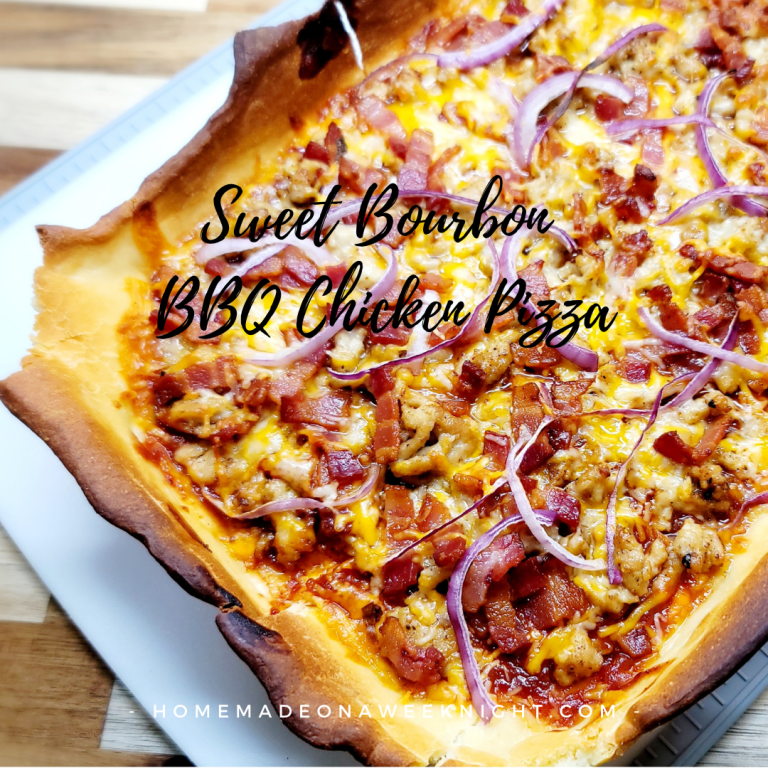 Sweet Bourbon BBQ Chicken Pizza from Homemade on a Weeknight.