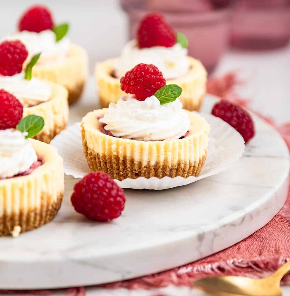 Raspberry Swirl Mini Cheesecakes from the Savory Cippolla.