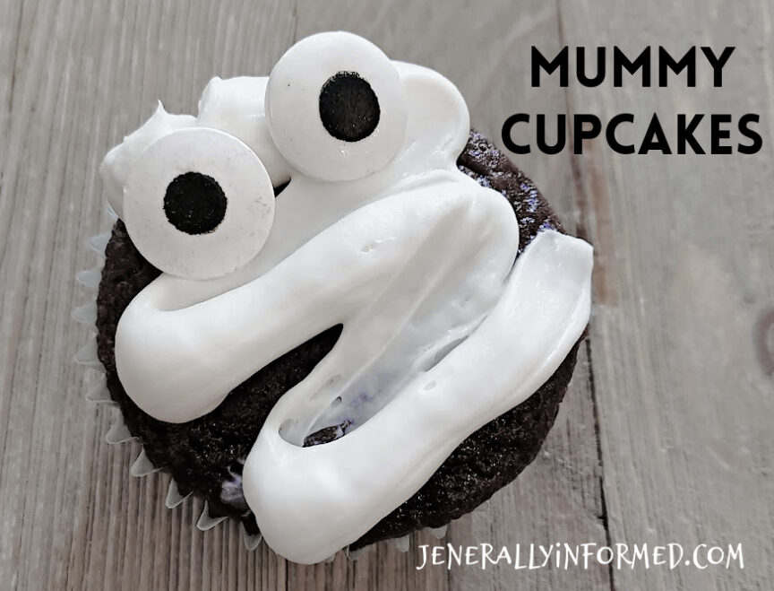 Easy to make mummy cupcakes in less than thirty minutes that will delight all your ghouls and goblins! #Halloween #spookytreats