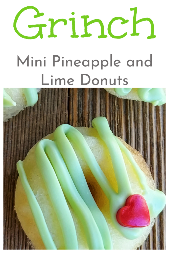 Warm any heart with these mini pineapple flavored with lime icing Grinch mini donuts!