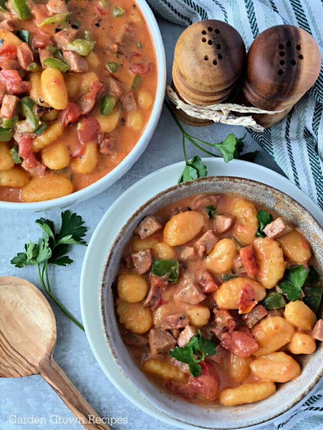 Creamy One Pan Tomato Gnocchi and Sausage Recipe by Garden Grown Recipes.