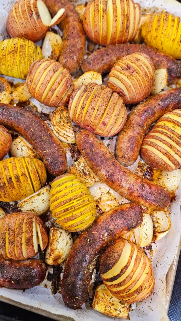 Brat & Potato Sheet Pan Dinner by Homemade on a Weeknight.