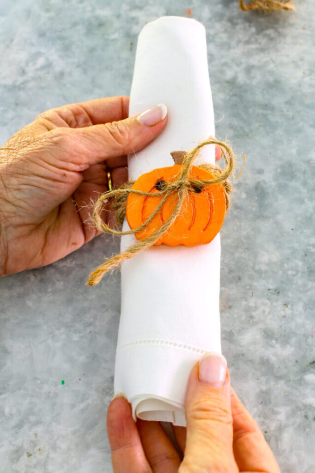 Easy Air-Dry Clay Pumpkin Napkin Rings for Fall by Bluesky at Home.