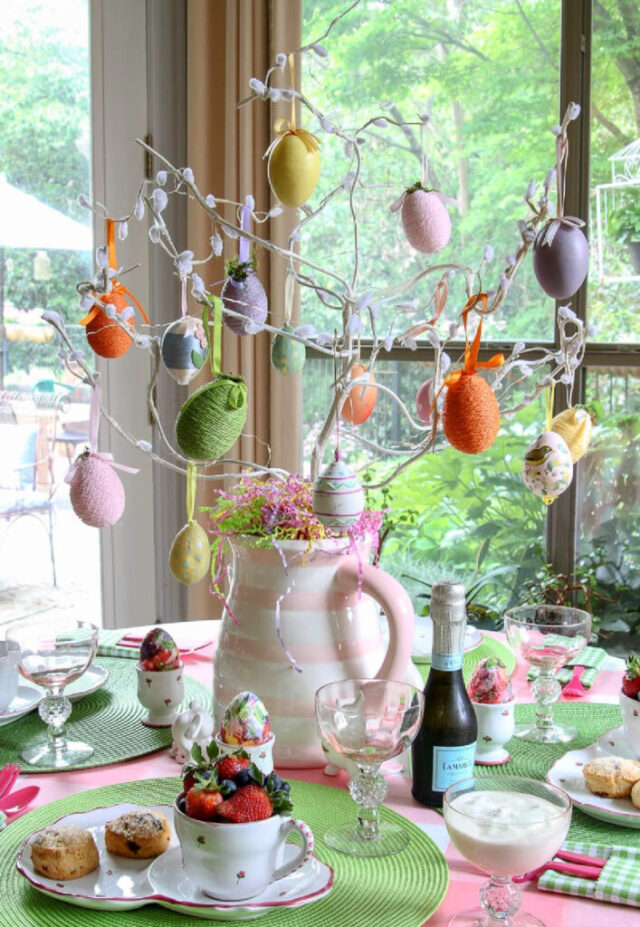 Easter Tree on a Easter Tablescape for an Easter Tea Party by Bluesky at Home.