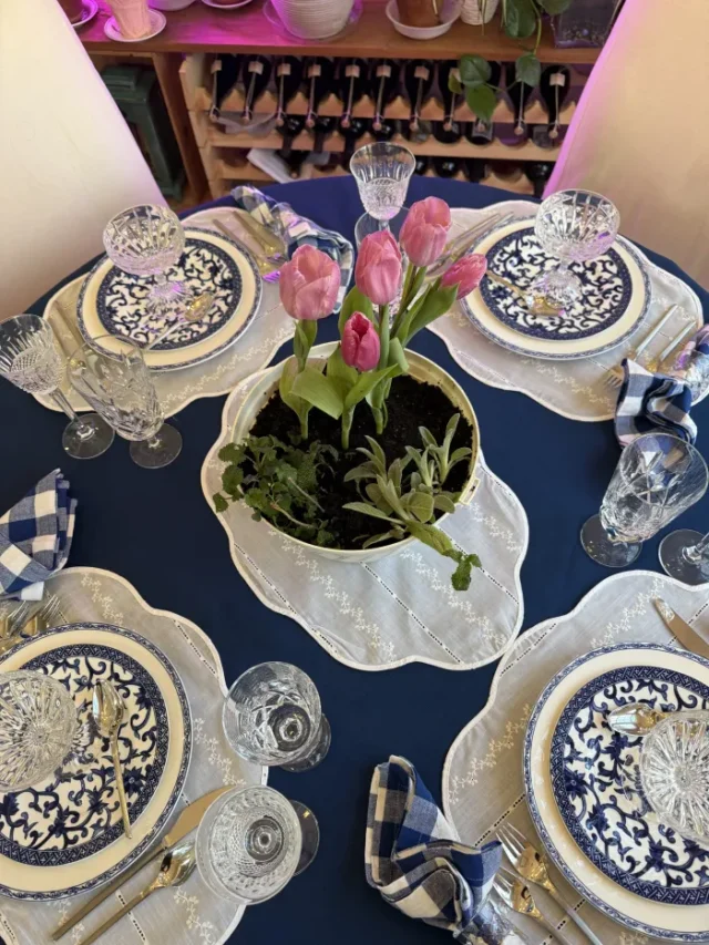 Elegant Blue and White Tablescape Ideas for Spring by Thrifting Wonderland.