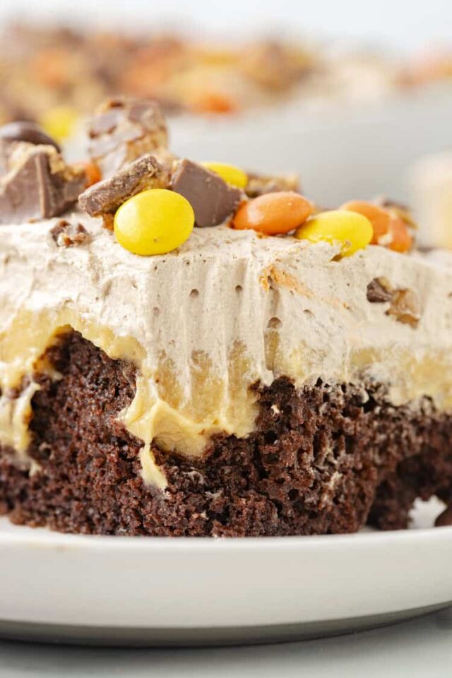 Reese’s Chocolate Peanut Butter Poke Cake by Rose Bakes.