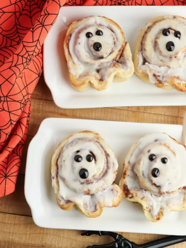 Pillsbury Halloween Ghost Cinnamon Rolls by Walking on Sunshine Recipes.