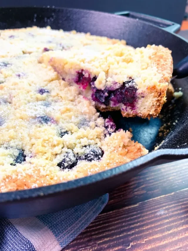 Blueberry Crumb Coffee Cake in a Cast Iron Skillet by Walking on Sunshine Recipes Blog.