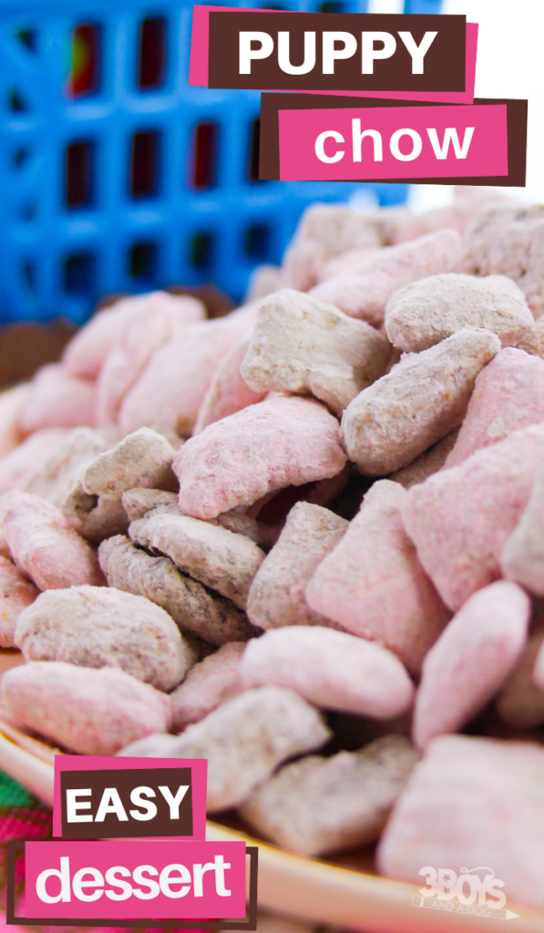Chocolate Strawberry Muddy Buddies Recipe by 3 Boys and a Dog.