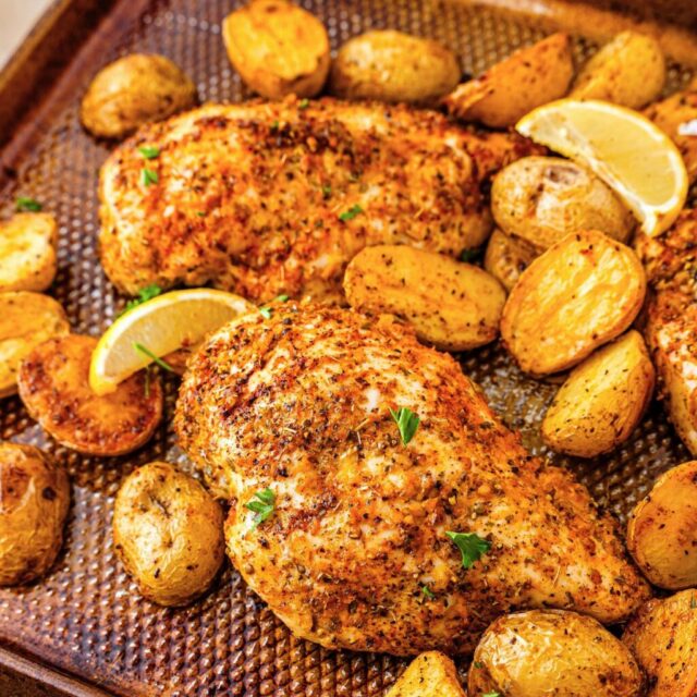 Sheet-Pan Lemon Garlic Chicken with Crispy Potatoes from Recipe Idea Shop.